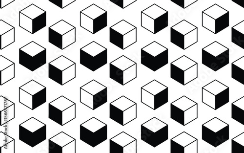 Black and White Isometric Cubes Pattern on White Background
