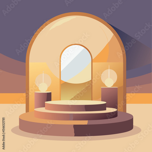 Illustration of a three tiered stage with a mirror and lamps in an arched doorway setting design