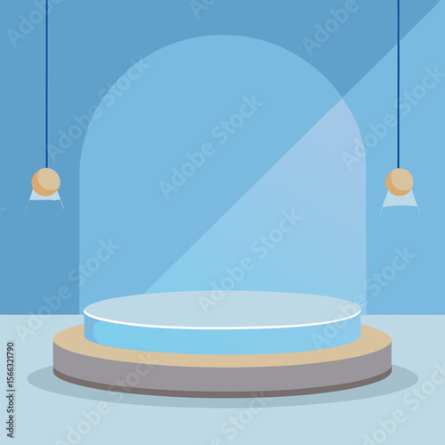 A blue studio scene featuring a round platform with hanging lights and an arched backdrop in soft lighting