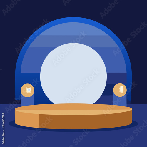 Aesthetic presentation stage with blue arch and gold accents for product display and marketing purposes