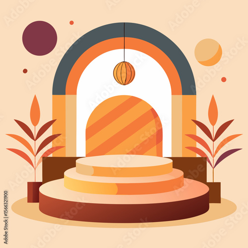 Illustration of a three tiered platform with an archway and hanging sphere decoration scene design