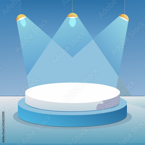 Illustration of a white round platform on a blue base under three spotlights on a blue background