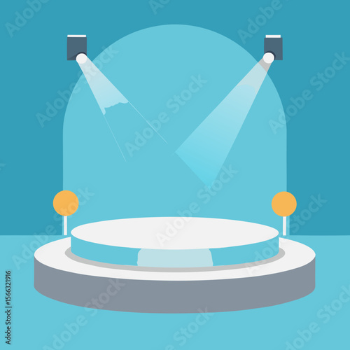 Illustration of a stage with spotlights, a round platform, and two lollipop decorations on a blue background