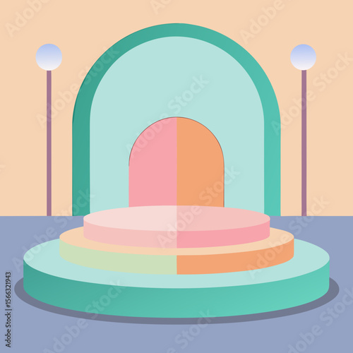 Pastel colored stage with arches and spherical lamps in a minimalist design illustration style scene