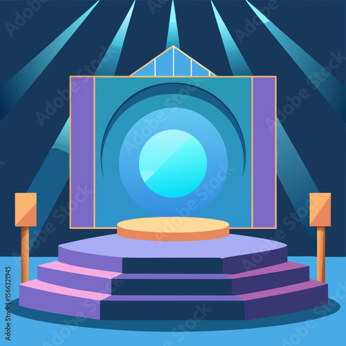 Illustration of a stage with a circular backdrop and spotlights in shades of blue and purple hues