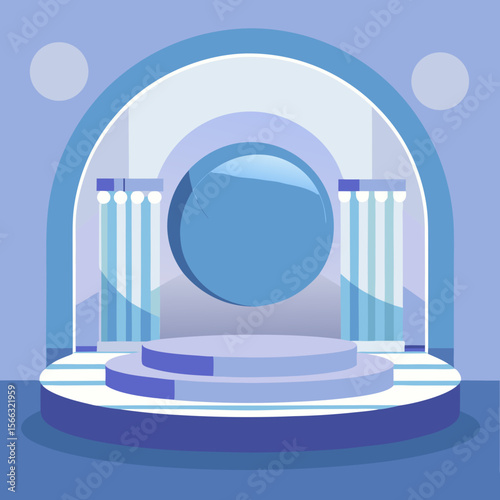 An illustration of a two tiered platform with columns and a circle in a blue color scheme design