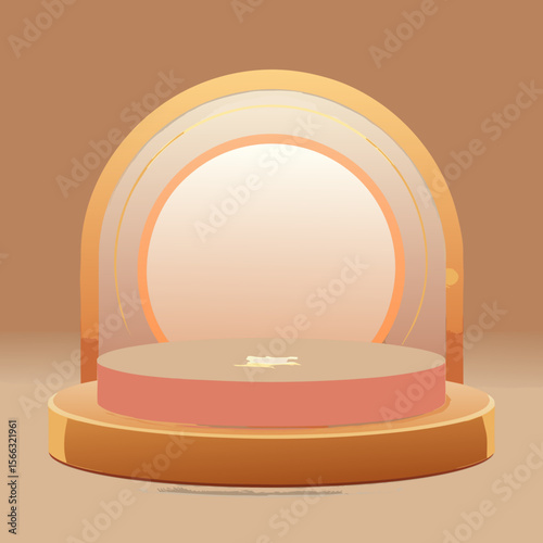A minimalist scene featuring a circular platform with an archway in shades of brown and peach tones