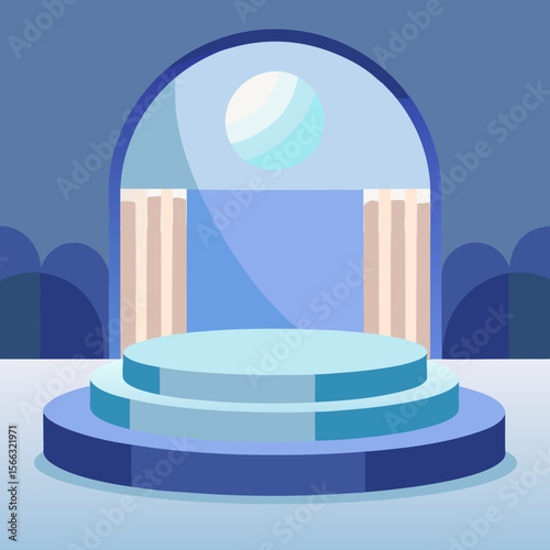 Two tiered platform with archway and columns in shades of blue and beige illustration art style