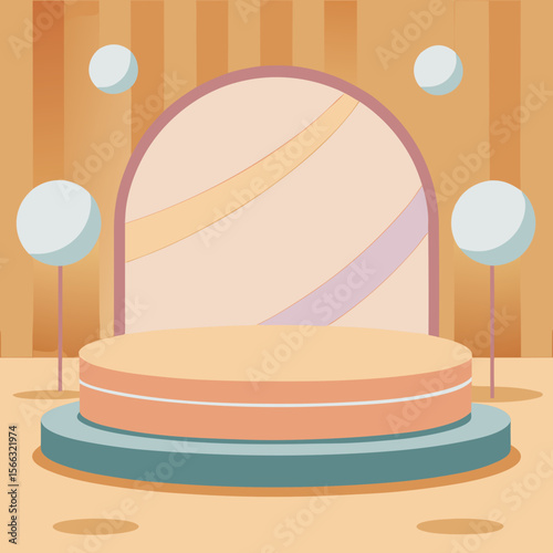 Round stage with archway and floating spheres in a pastel color palette design with vertical stripes