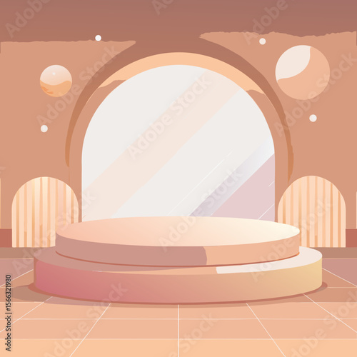 Aesthetic product display platform in peach tones with archways and geometric shapes in the background