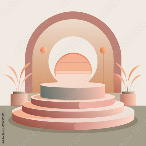 Aesthetic presentation stage with arches, plants, and soft pastel colors in a minimalist design style