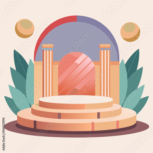 Illustration of a three tiered platform with columns archway and foliage in pastel shades of color