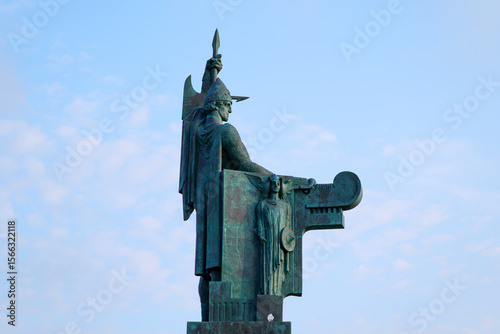 Bronze Sculpture of Ingólfur Arnarson with Odin Yggdrasil and Dragon at Arnarhóll in Reykjavik Iceland