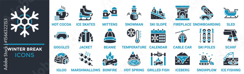 Winter breeak icon set. Containing hot cocoa, ice skates, mittens, snowman, ski slope, fireplace, snowboarding and more. Solid vector icons collection