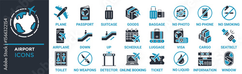 Airport icon set. Containing plane, passport, suitcase, goods, baggage, airplane, schedule and more. Solid vector icons collection 
