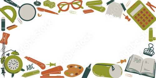 Modern flat background with school supplies. Vector simple background back to school. 