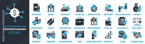 Crowdfunding icon set. Containing payment, bank, savings, startup, innovation, support, collaborative and more. Solid vector icons collection