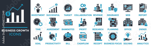 Business growth icon set. Containing investment, successful, target, collaboration, revenue, insurance, web and more. Solid vector icons collection