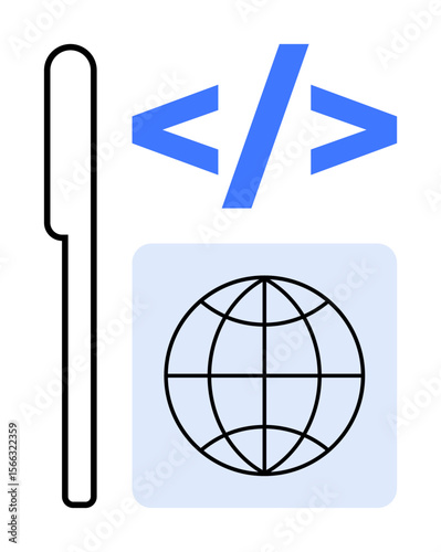 Coding brackets, globe symbol, and vertical bar represent internet programming, web design, and global access. Ideal for technology, networking, software development, education innovation