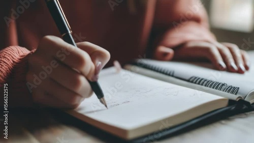 Close-up of hands writing in a notebook