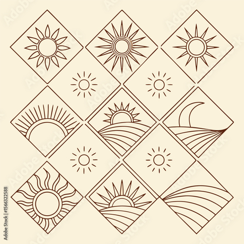 Geometric Sun and Landscape Pattern