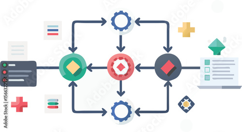 Illustration of a workflow diagram with interconnected nodes and directional arrows shown clearly