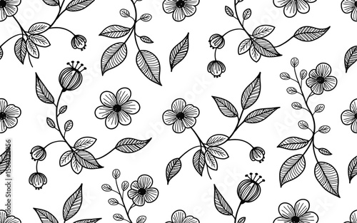 Black and White Floral Pattern with Flowers Leaves and Berries