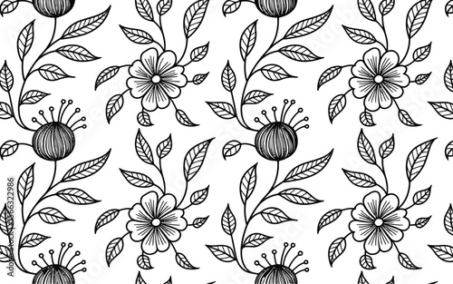 Black and White Floral Pattern with Flowers and Leaves 1