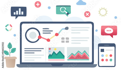 Laptop and phone displaying data charts with icons representing various business related activities around it