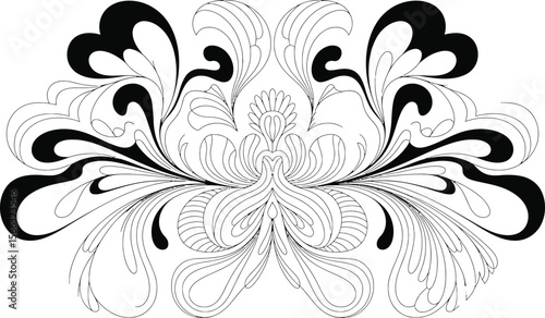 Black and white floral design symmetrical illustration on white background