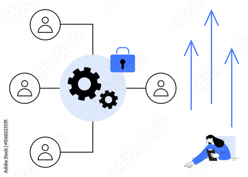 Gears symbolize teamwork, connected profiles highlight network collaboration, lock ensures data security, arrows signify growth, and a person actively engages. Ideal for technology, communication