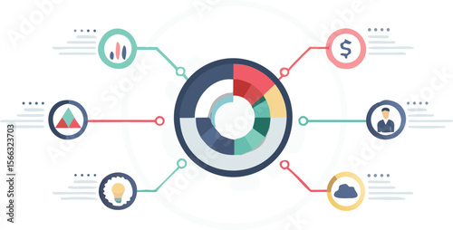 Circular diagram with colorful segments and icons representing different categories presented clearly