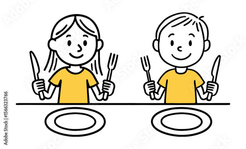 Boy And Girl Eating with Knife and Fork at Table. Hand-Drawn Line Art Vector Illustration with Knife, Fork, Plate On Yellow Color Style