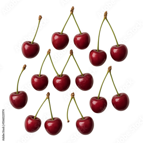 A pattern of fresh red cherries with green stems isolated on transparent background