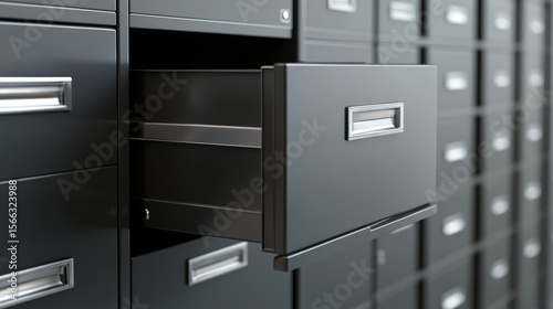 A close-up of black metal filing cabinets with one drawer slightly open, showcasing a neat and organized office storage system.