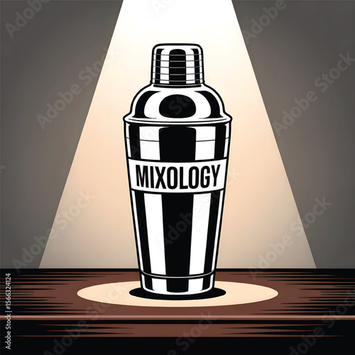 Shiny Cocktail Shaker with 'Mixology' Label Under Spotlight