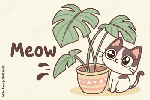 Adorable cartoon cat peeking from behind a vibrant green plant with a meow speech bubble