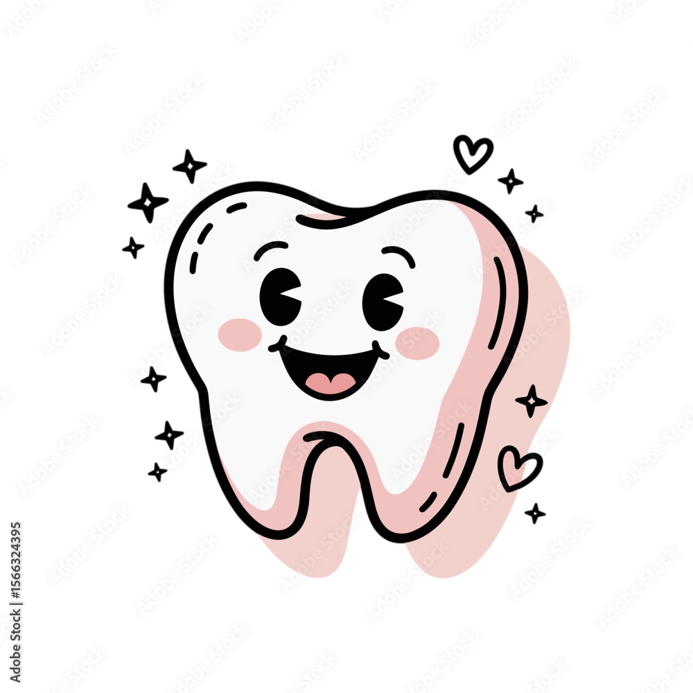 Cute cartoon tooth with happy face and pink gums illustration