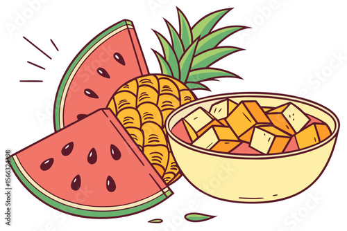 Vibrant summer fruit salad banner with juicy watermelon and pineapple