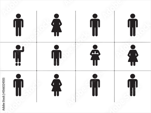 Collection of male and female silhouette icons showing different poses and actions
