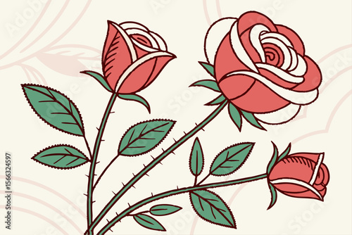 Digital roses with embroidered stitching and realistic petal details