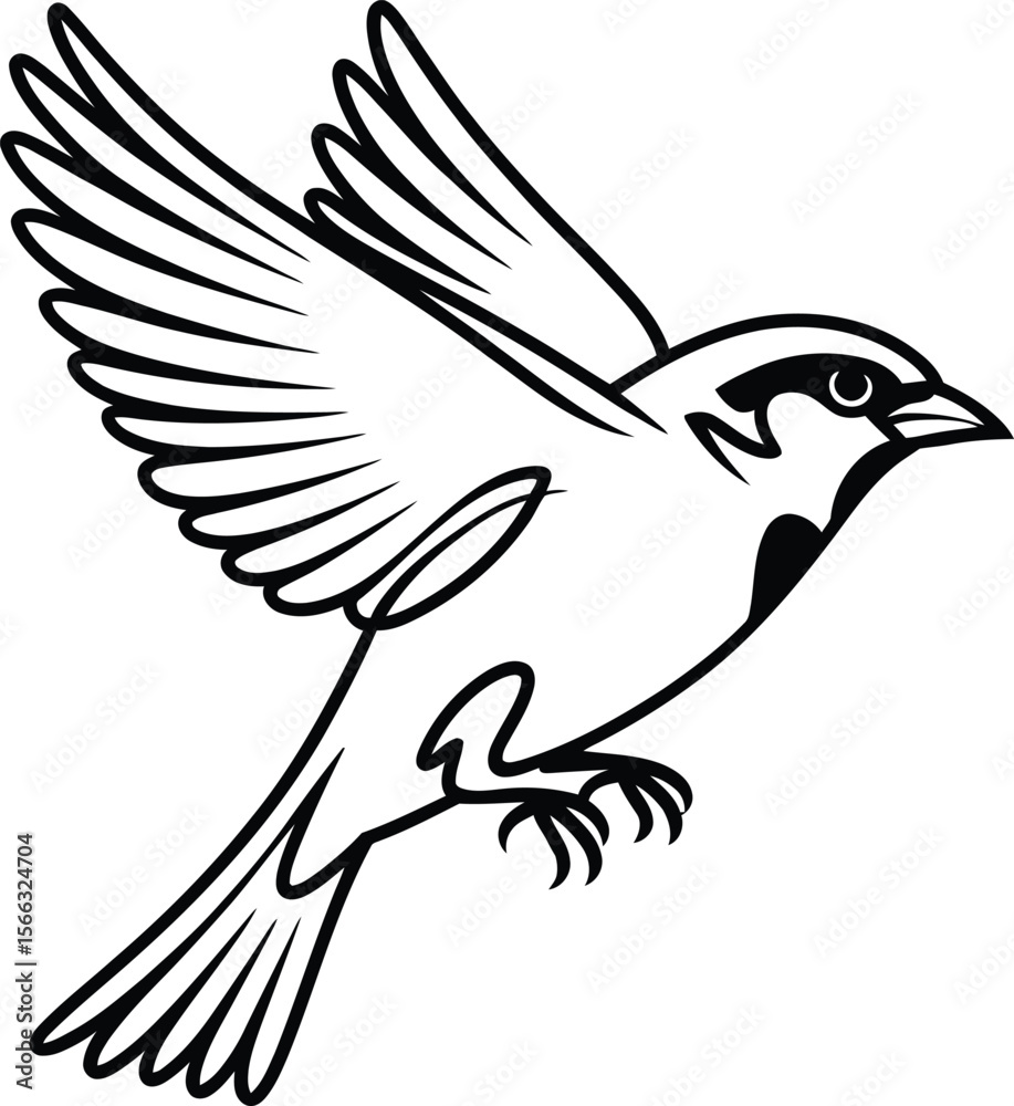 Obraz premium Black and White Sparrow in Flight Illustration bird
