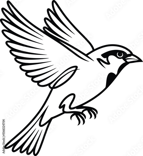 Black and White Sparrow in Flight Illustration bird