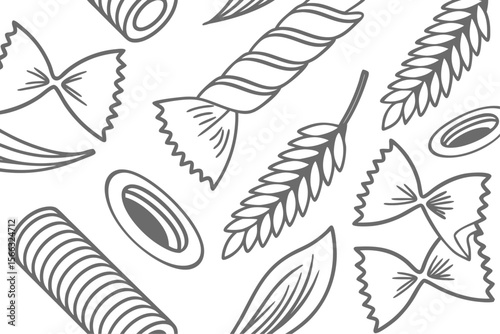 Seamless pattern of penne and fusilli pasta shapes in a monochrome design