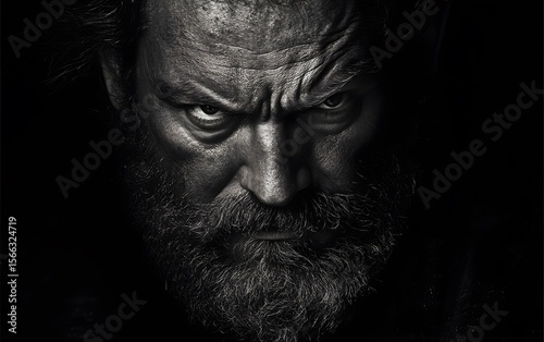 Intense Black and White Portrait of a Bearded Man