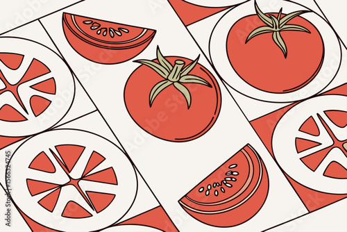 Geometric tomato pattern with sliced and whole fruits in bold colors