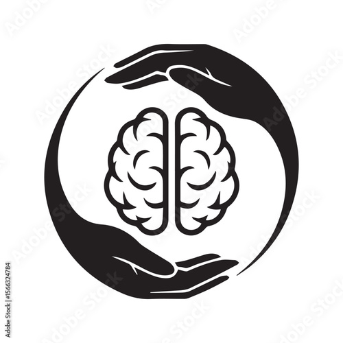 Psychology and Neurology Icon Set,  vector icons with hands protecting a brain