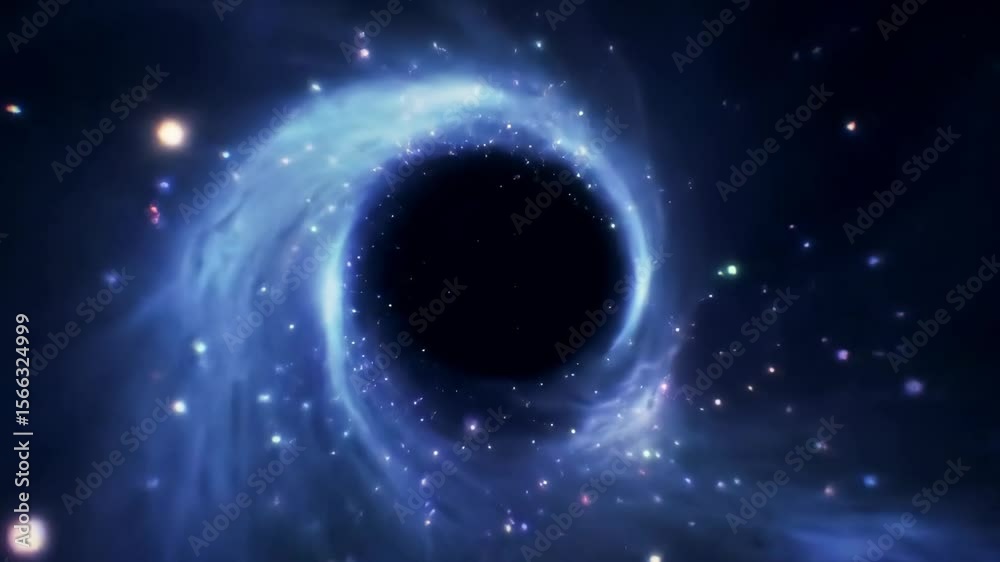 Abstract depiction of a black hole in space with swirling nebula
