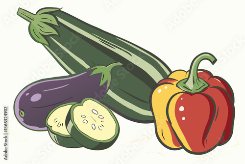 Vibrant watercolor medley of eggplant and zucchini with a fresh artistic feel