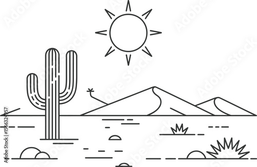 Desert Landscape Illustration with Cactus Sun and Dunes